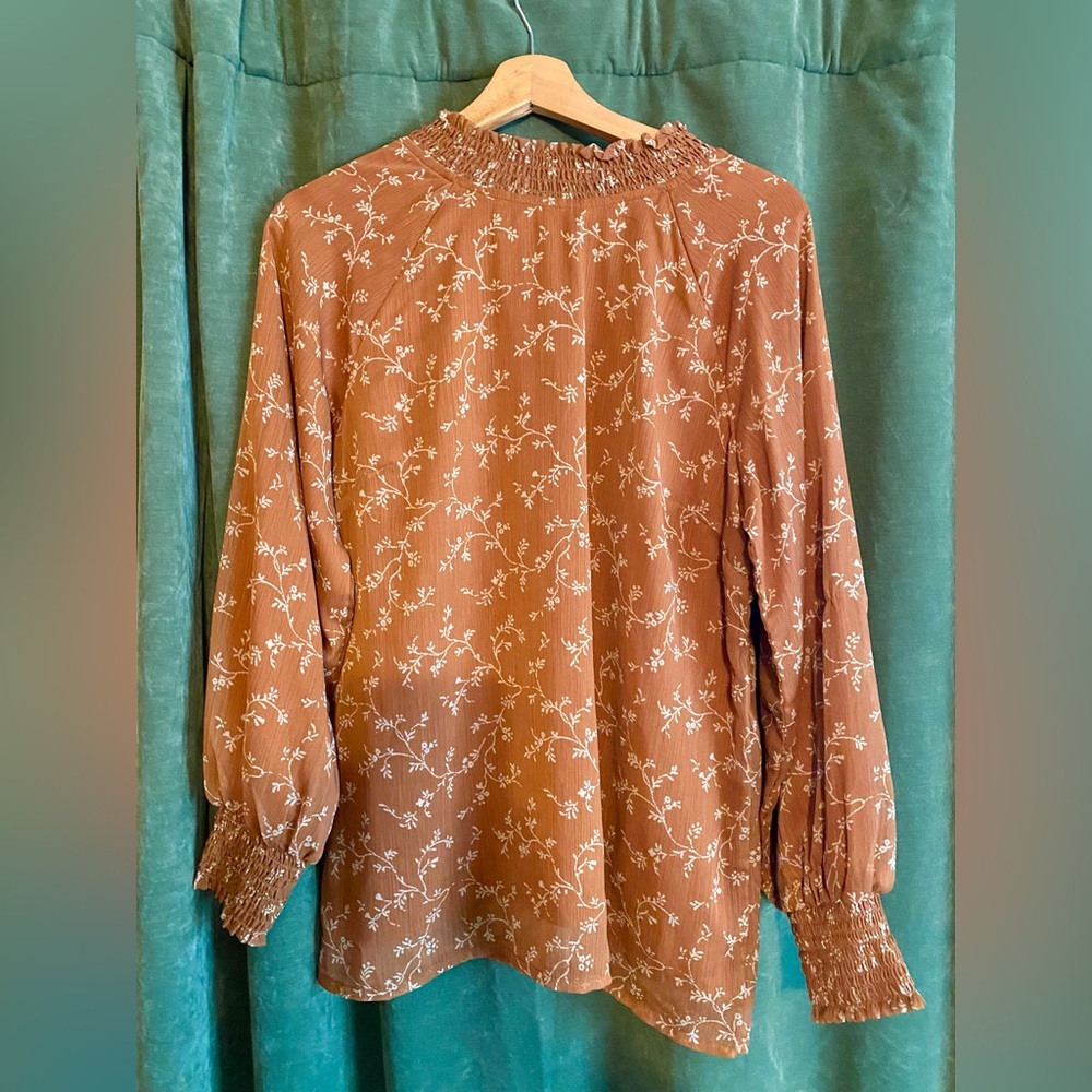 Böhme Terracotta Smocked Collar Flowy Floral Blouse